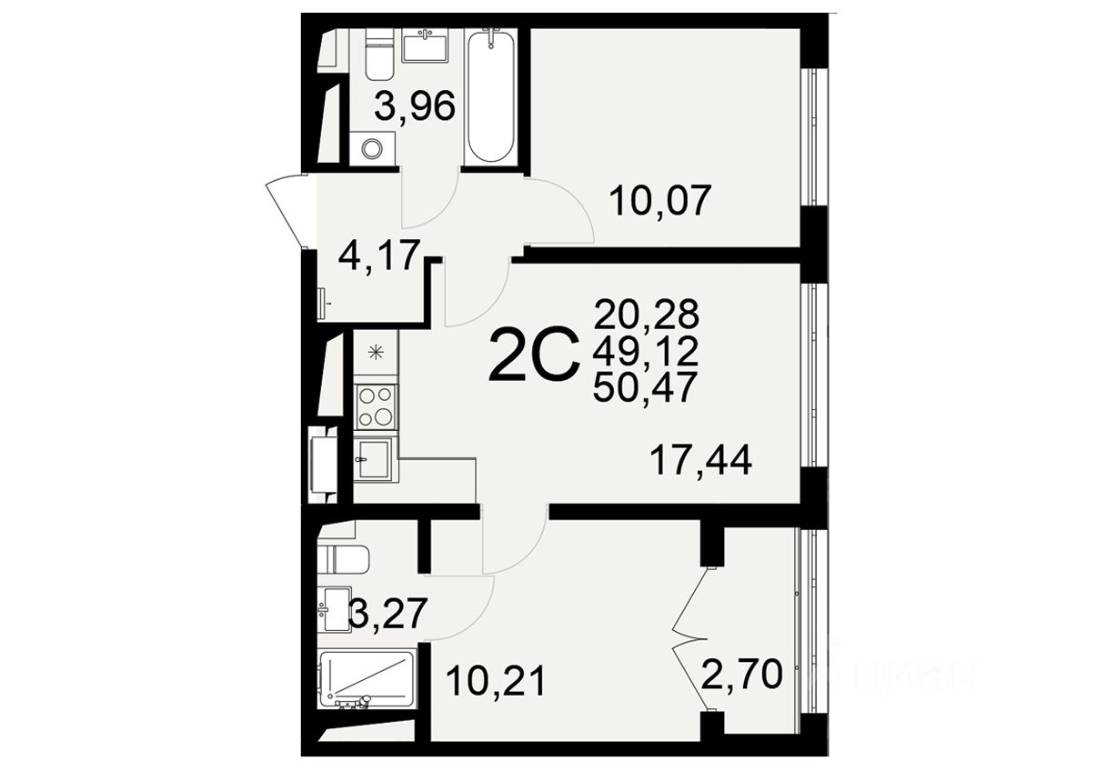 2-комн.кв., 50,5 м², 7/26 этаж