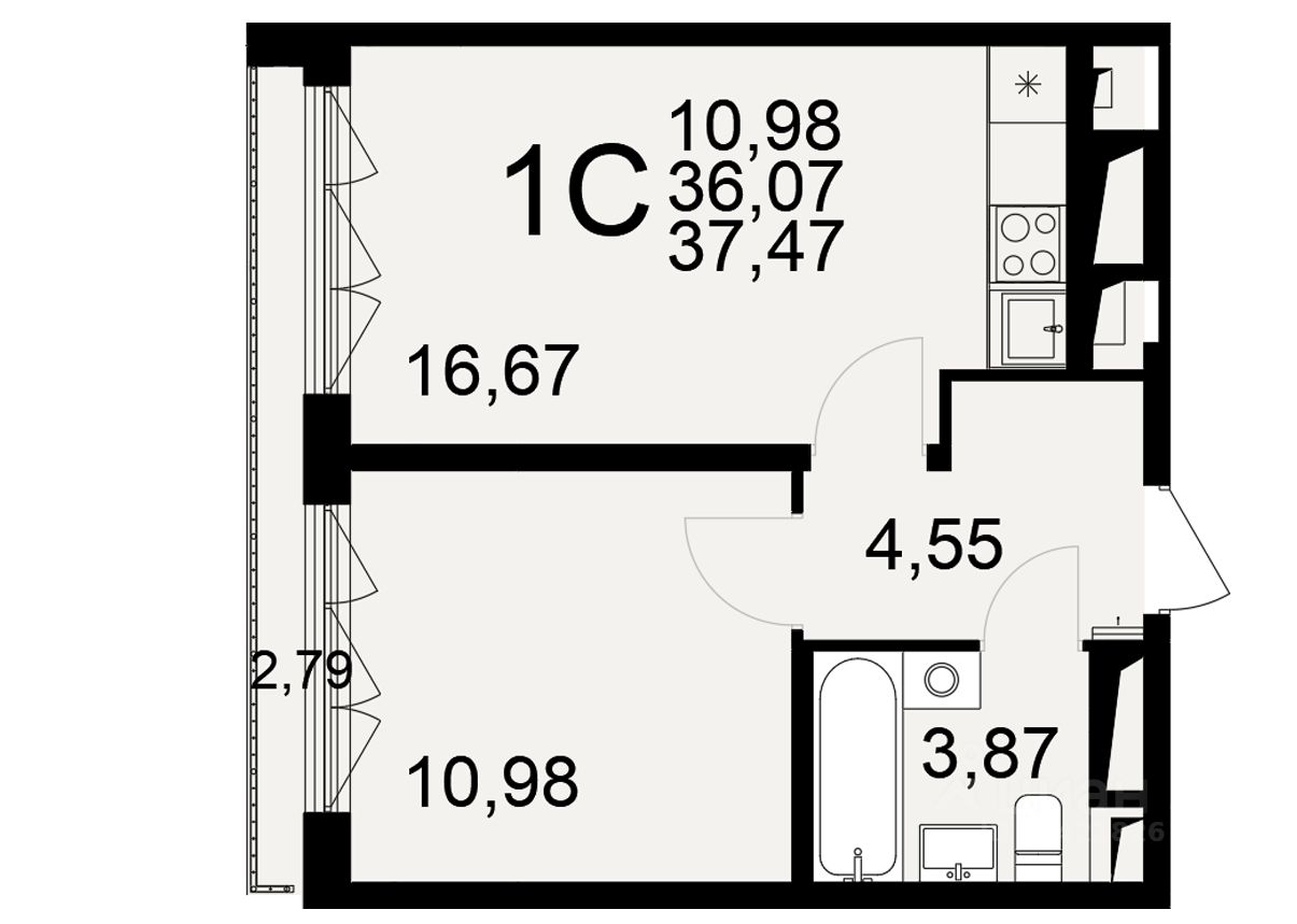 1-комн.кв., 37,5 м², 6/26 этаж