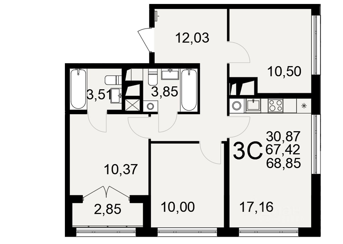 3-комн.кв., 68,8 м², 2/26 этаж