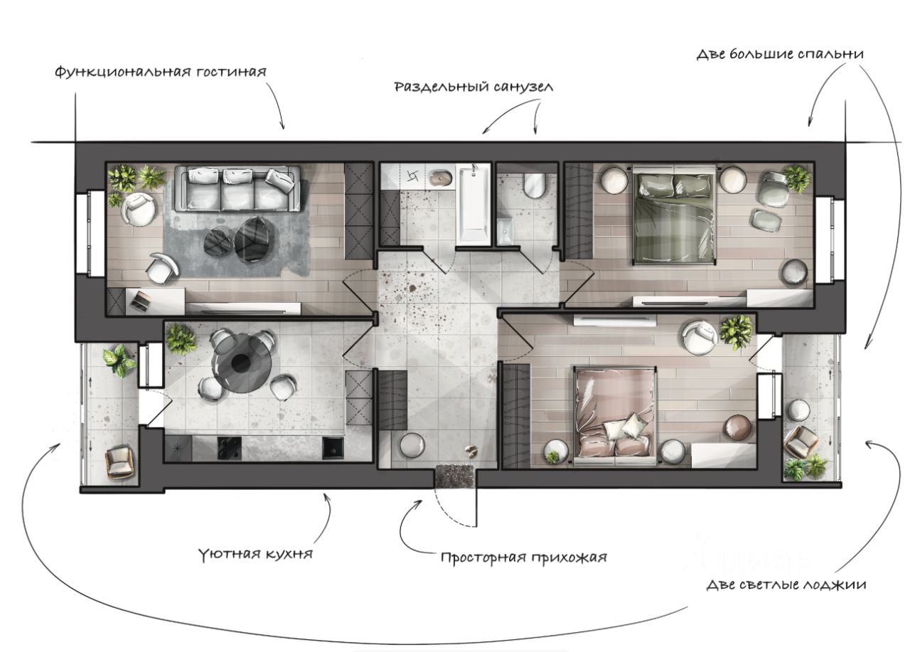 3-комн.кв., 89,6 м², 2/8 этаж