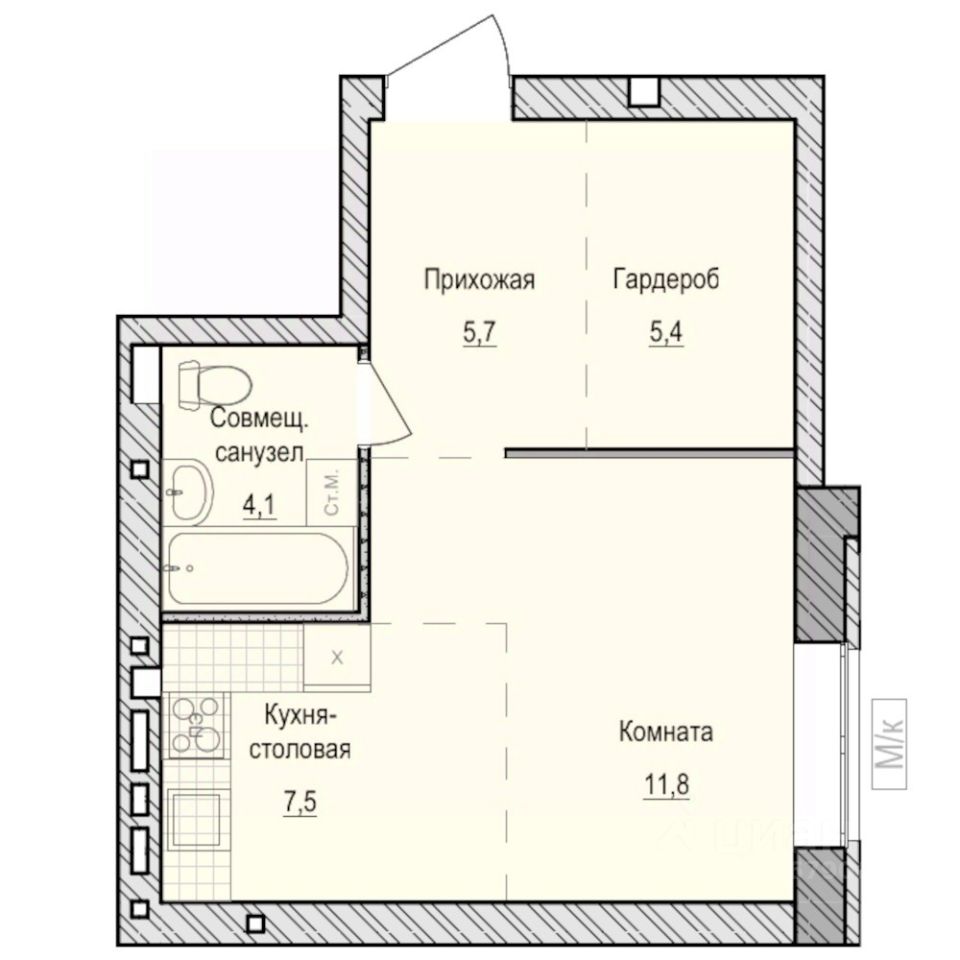 1-комн.кв., 34,5 м², 1/6 этаж