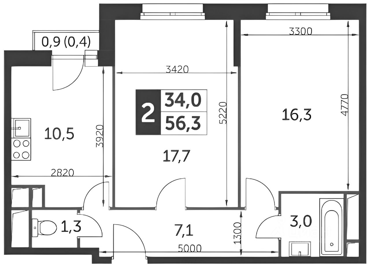 Планировка этой квартиры по данным Циан