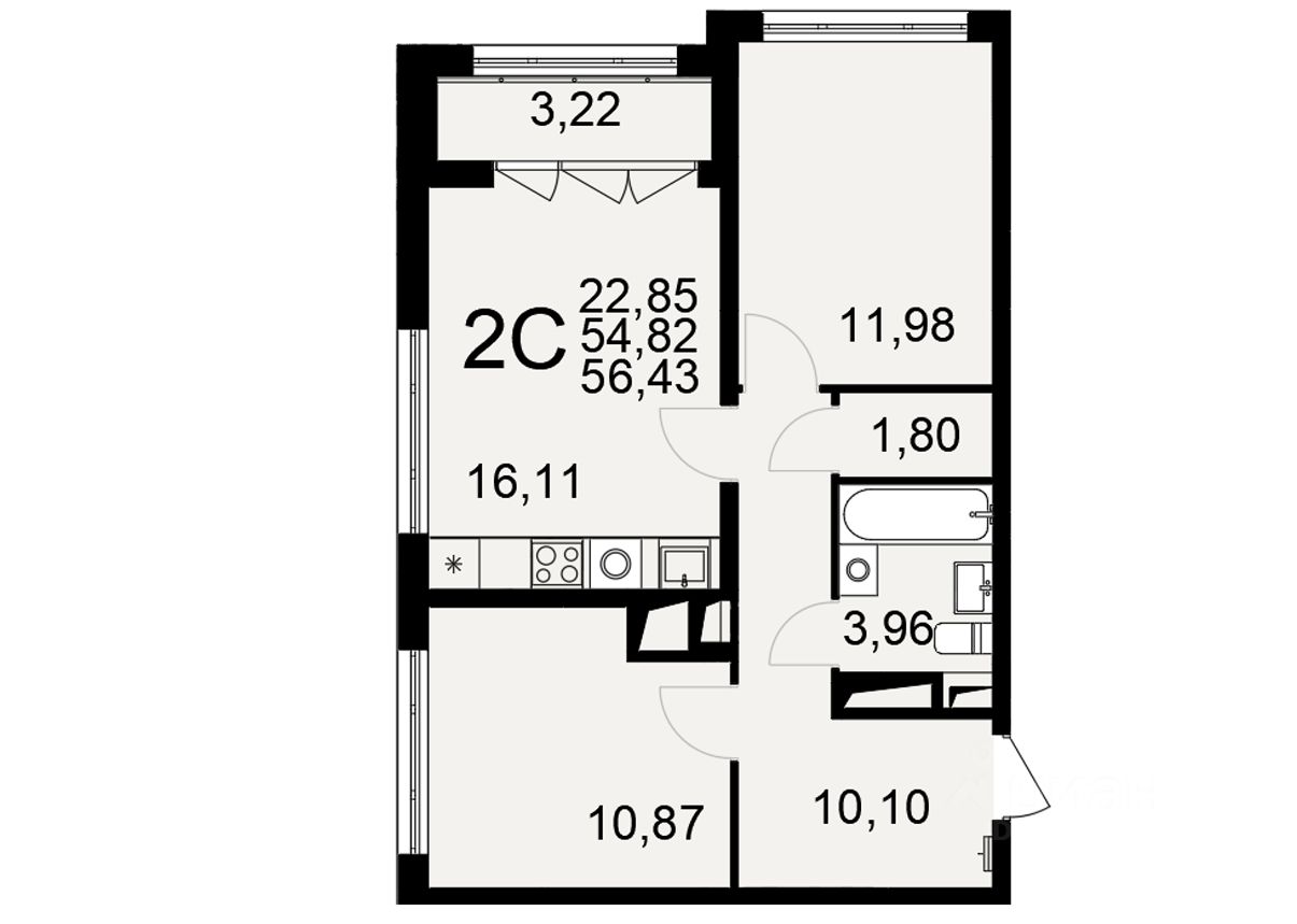 2-комн.кв., 56,4 м², 4/25 этаж