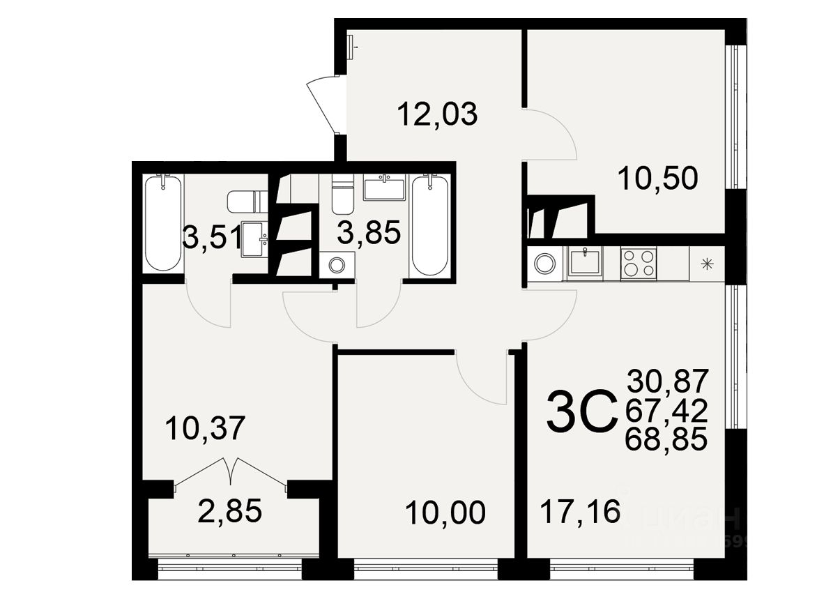 3-комн.кв., 68,8 м², 8/25 этаж