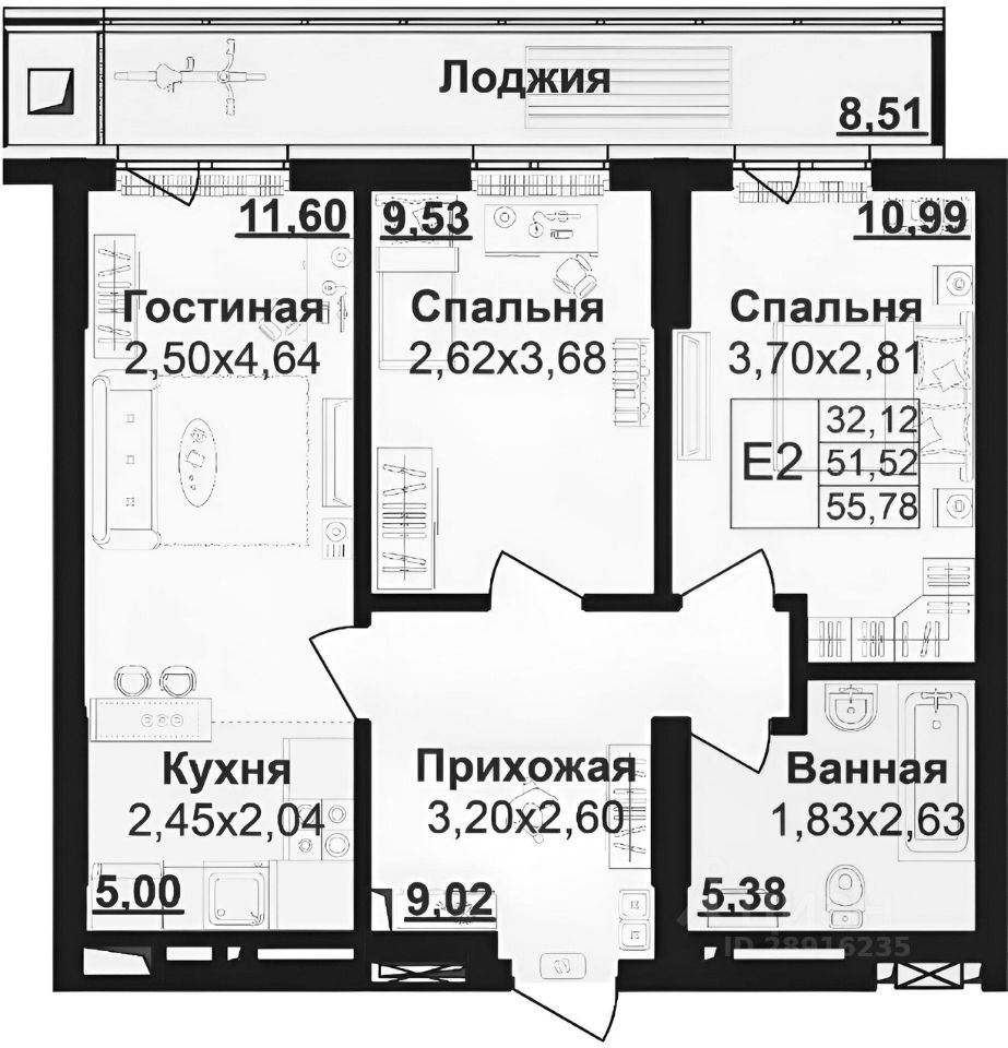 Планировка этой квартиры по данным Циан