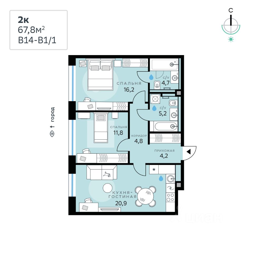2-комн.кв., 67,8 м², 1/10 этаж