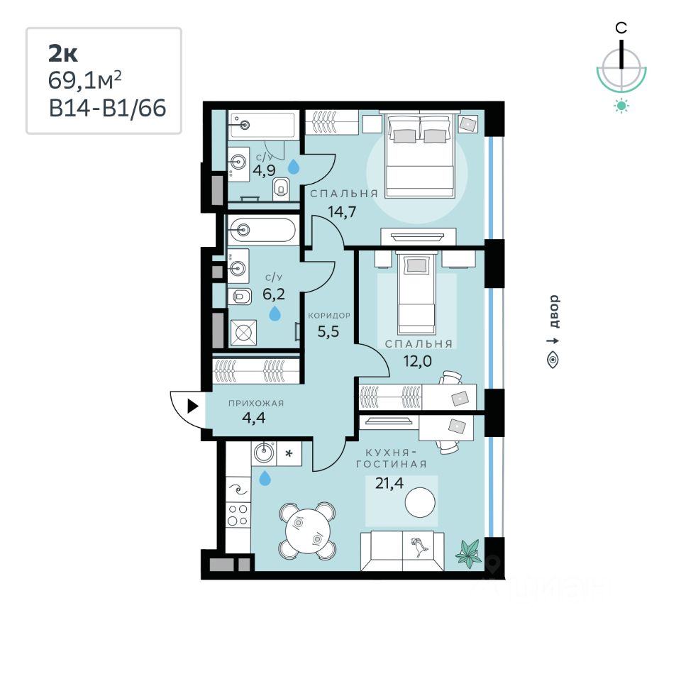 2-комн.кв., 69,1 м², 9/10 этаж