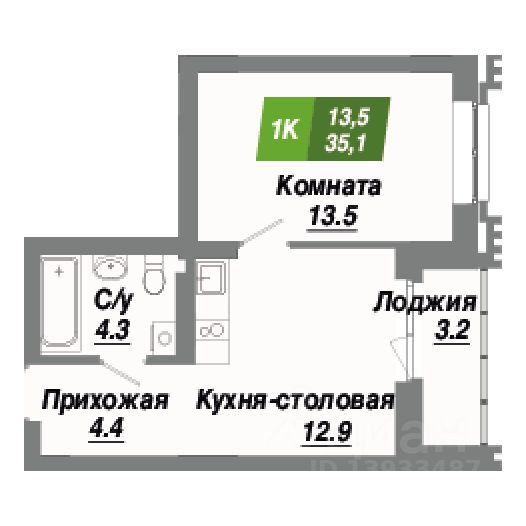 1-комн.кв., 35,1 м², 16/23 этаж