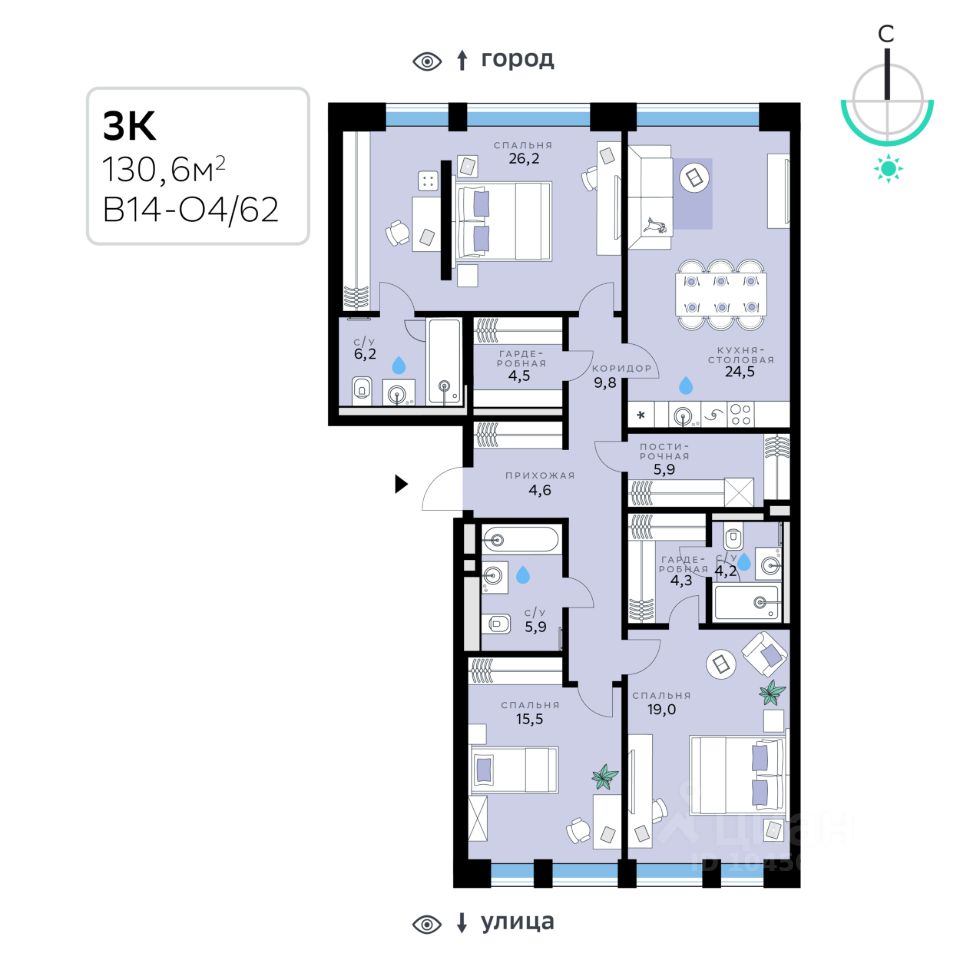 3-комн.кв., 130,6 м², 2/10 этаж