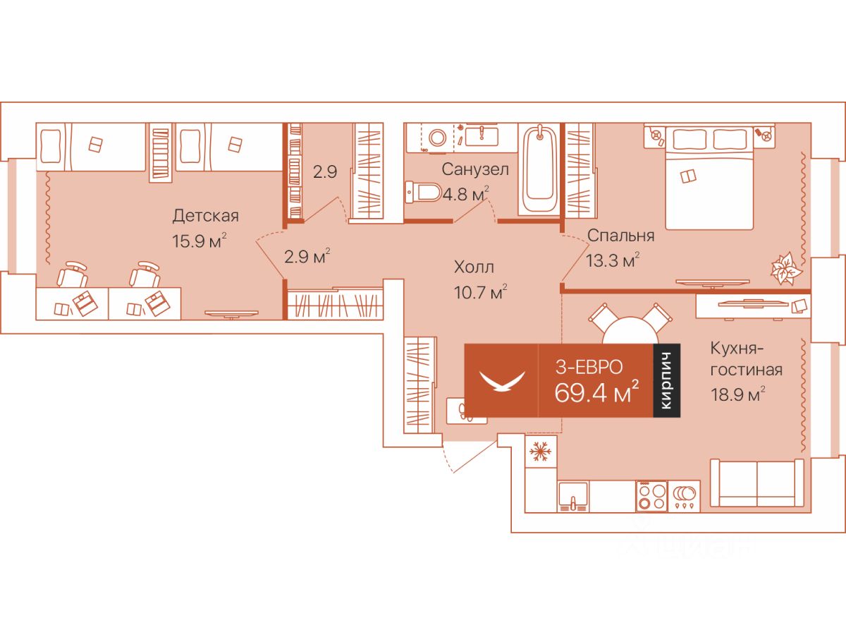 2-комн.кв., 69,4 м², 2/16 этаж