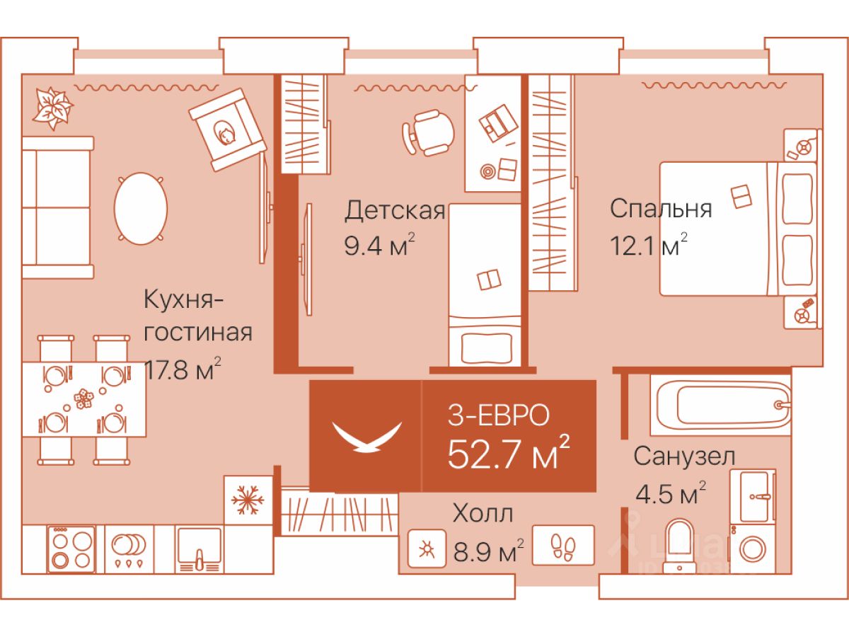 2-комн.кв., 52,7 м², 3/16 этаж