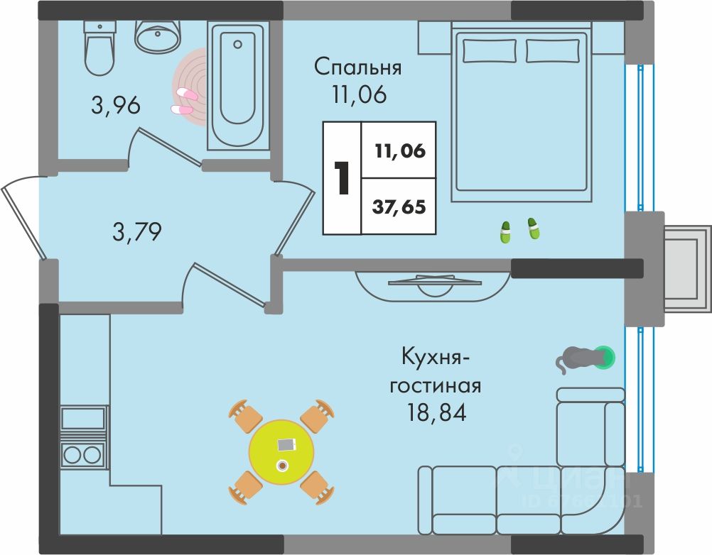 Планировка ЖК Зелёная территория — Однокомнатная: 37,65 м²
