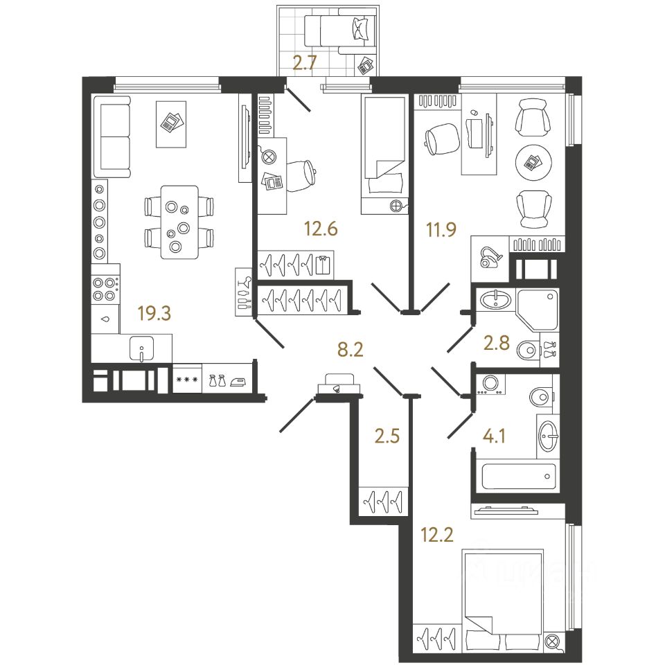 3-комн.кв., 73,6 м², 12/20 этаж