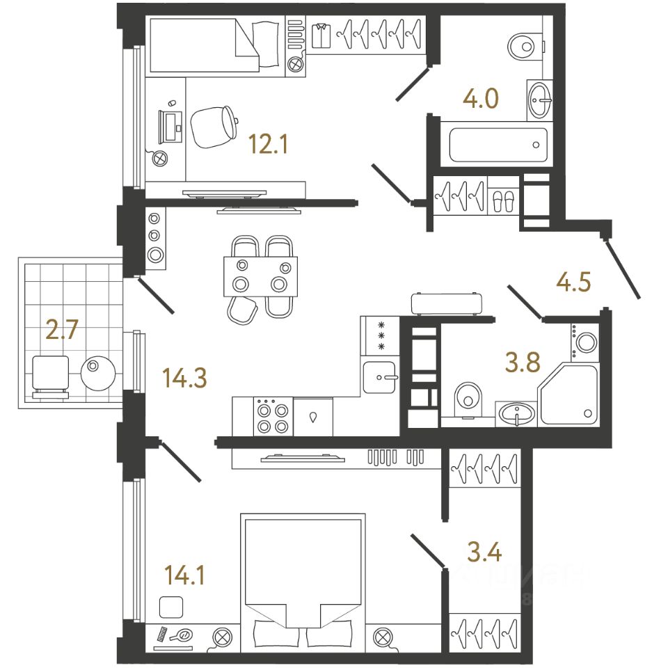 2-комн.кв., 56,2 м², 12/20 этаж