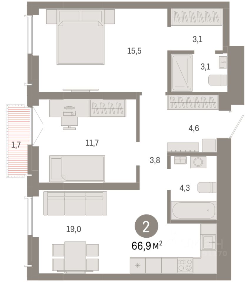 2-комн.кв., 66,9 м², 6/23 этаж