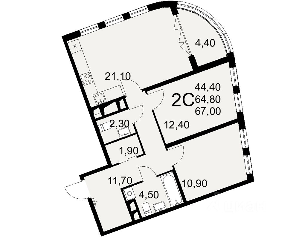 2-комн.кв., 67 м², 2/16 этаж