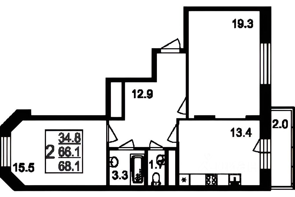 Планировка этой квартиры по данным Циан