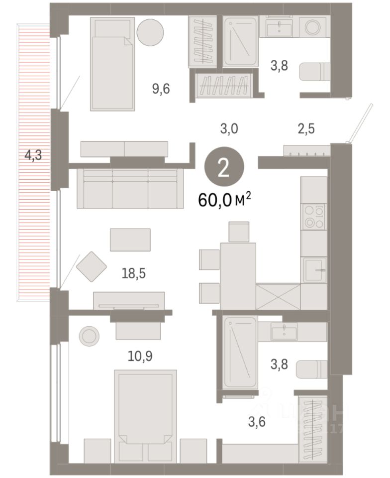 2-комн.кв., 60 м², 6/9 этаж
