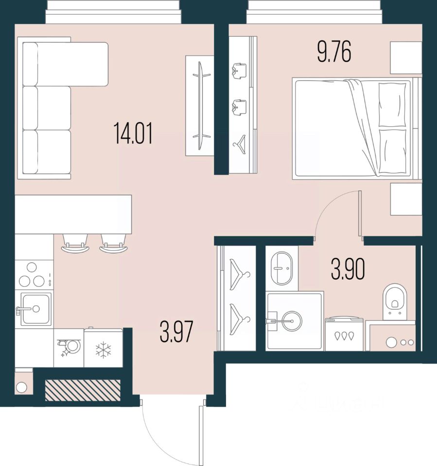 1-комн.кв., 31,6 м², 6/22 этаж