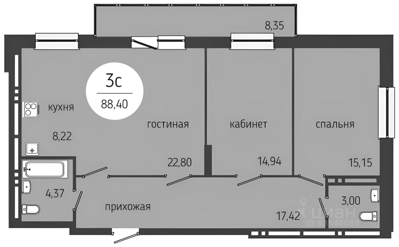 Планировка этой квартиры по данным Циан