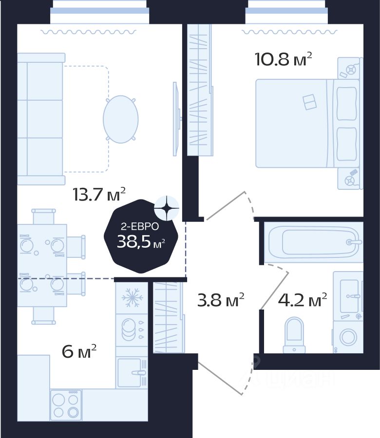 2-комн.кв., 38,5 м², 14/16 этаж