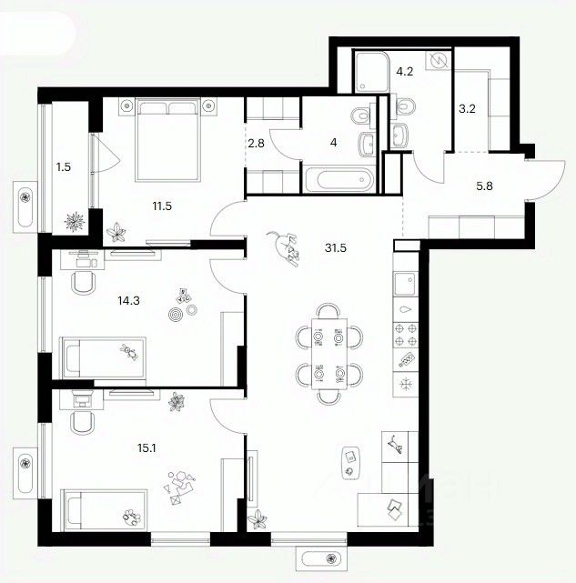 3-комн.кв., 93,9 м², 5/17 этаж