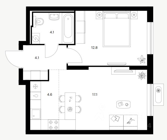 1-комн.кв., 42,7 м², 4/17 этаж