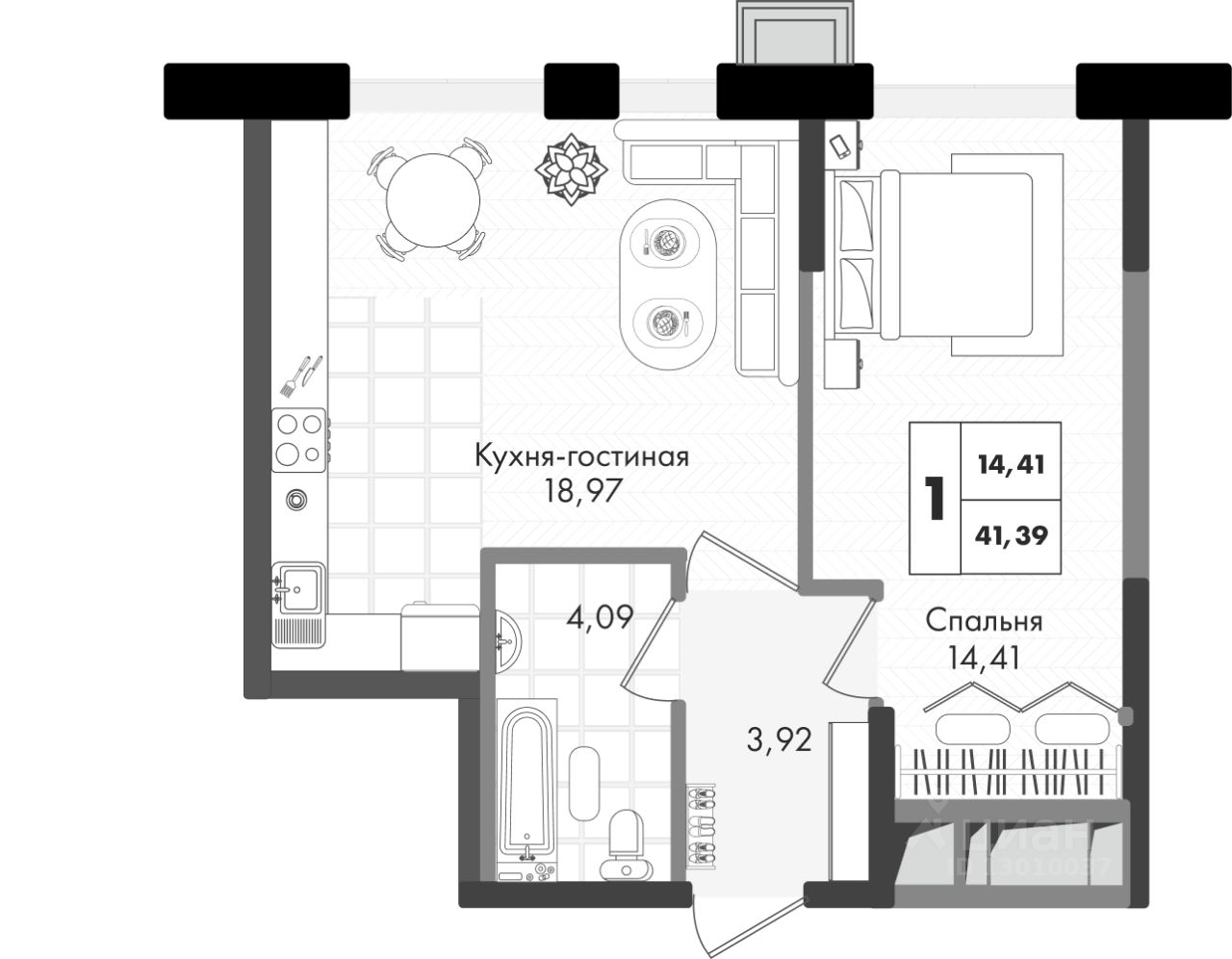 Планировка ЖК Зелёная территория — Однокомнатная: 41,39 м²