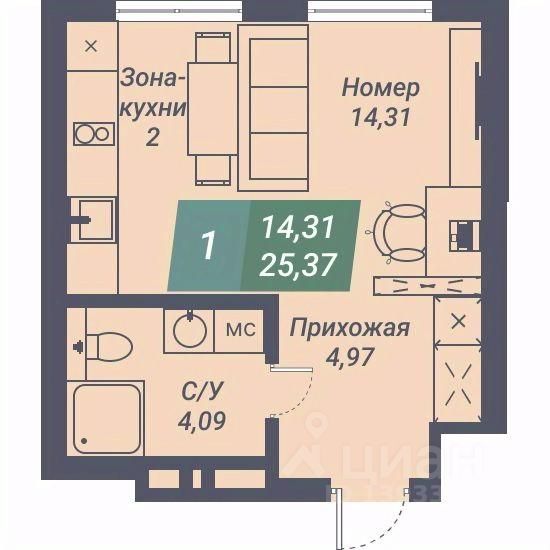 Апарт-студия, 25,4 м², 11/23 этаж