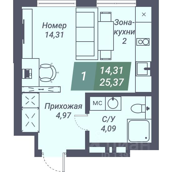 Апарт-студия, 25,4 м², 12/23 этаж
