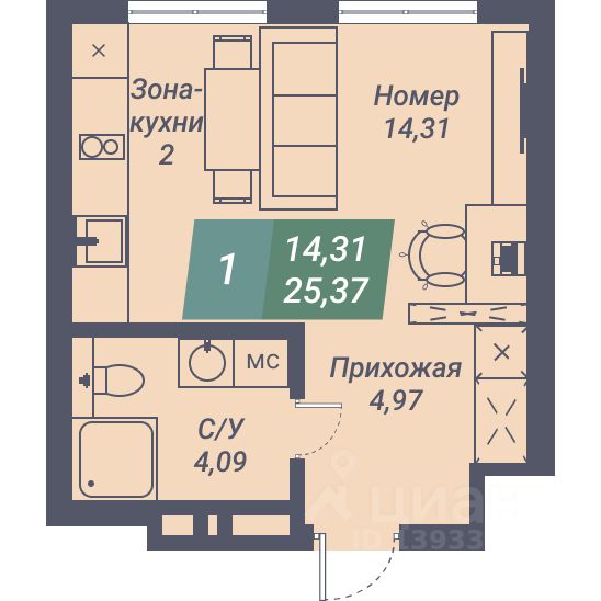 Апарт-студия, 25,4 м², 13/23 этаж