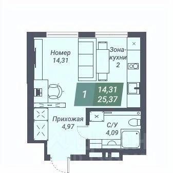 Апарт-студия, 25,4 м², 15/23 этаж