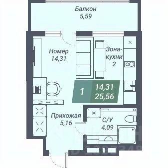 Апарт-студия, 25,6 м², 19/23 этаж