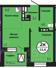 2-комн.кв., 32,2 м², 1/19 этаж