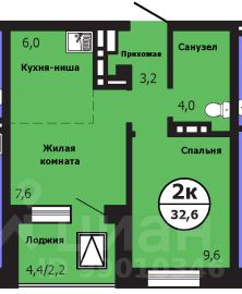 2-комн.кв., 32,4 м², 5/19 этаж