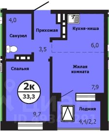 2-комн.кв., 33 м², 1/19 этаж