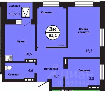 3-комн.кв., 60,2 м², 12/19 этаж