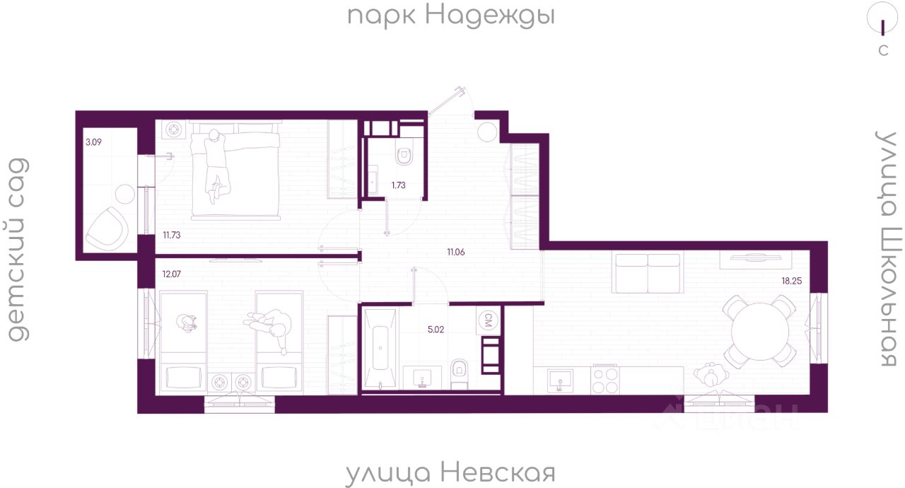 2-комн.кв., 60,8 м², 2/5 этаж
