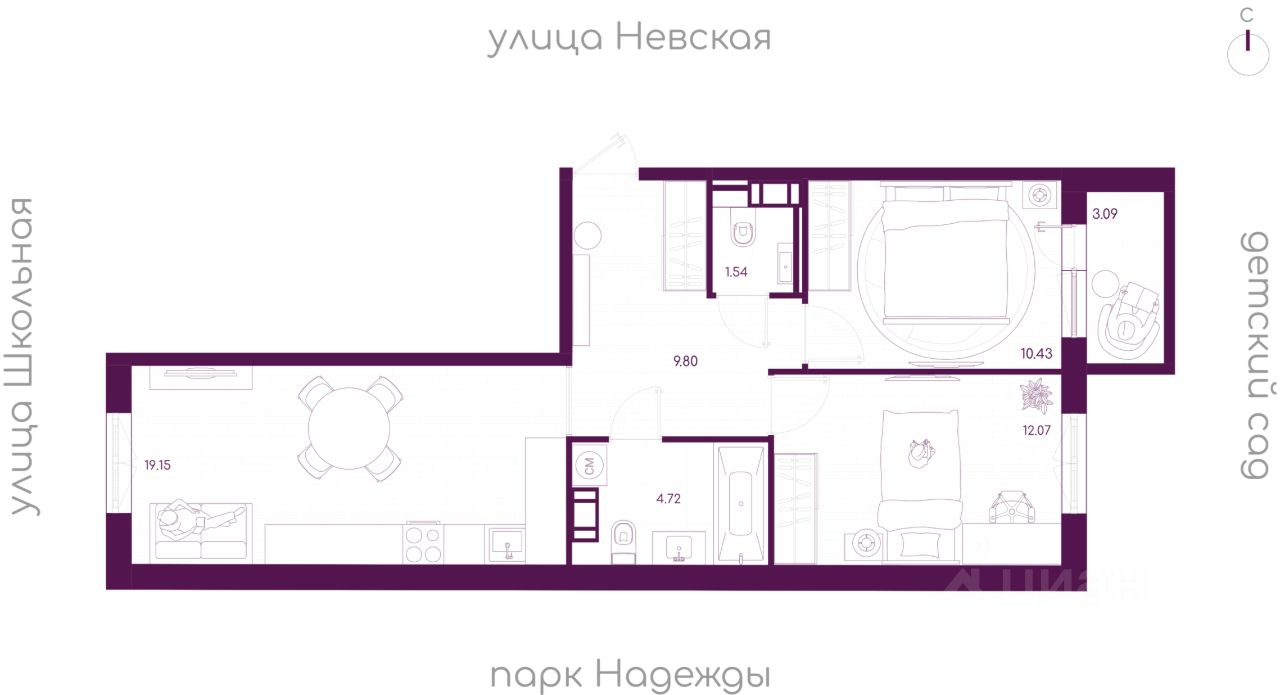 2-комн.кв., 58,6 м², 2/5 этаж