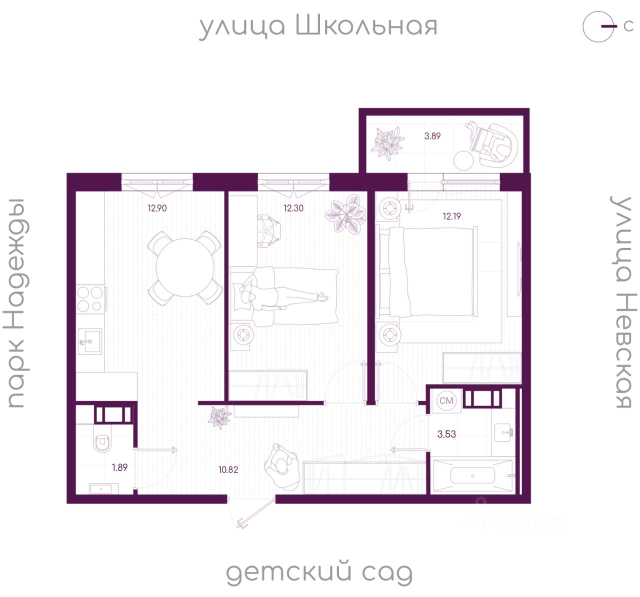 2-комн.кв., 54,8 м², 3/5 этаж