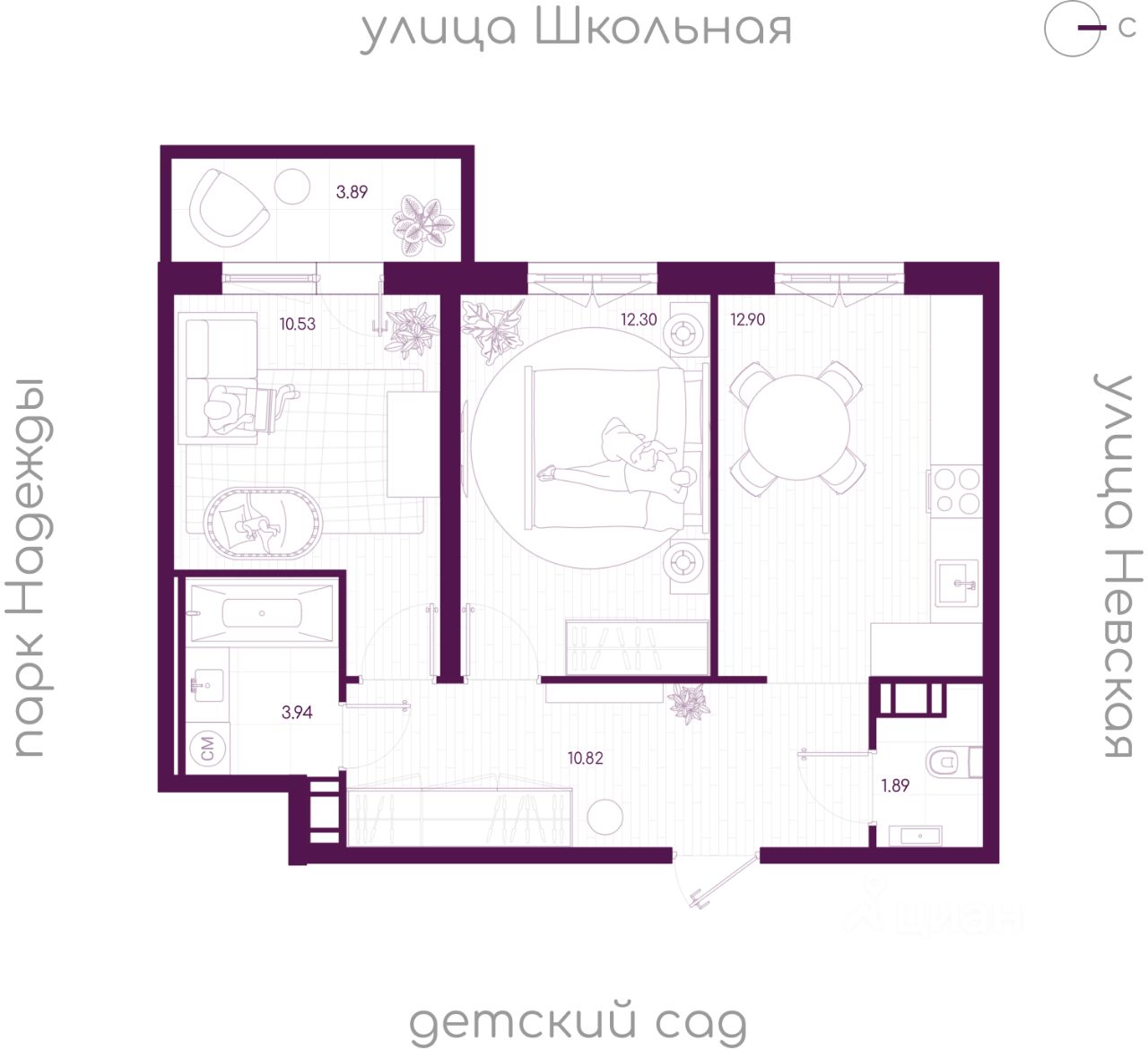 2-комн.кв., 53,5 м², 5/5 этаж