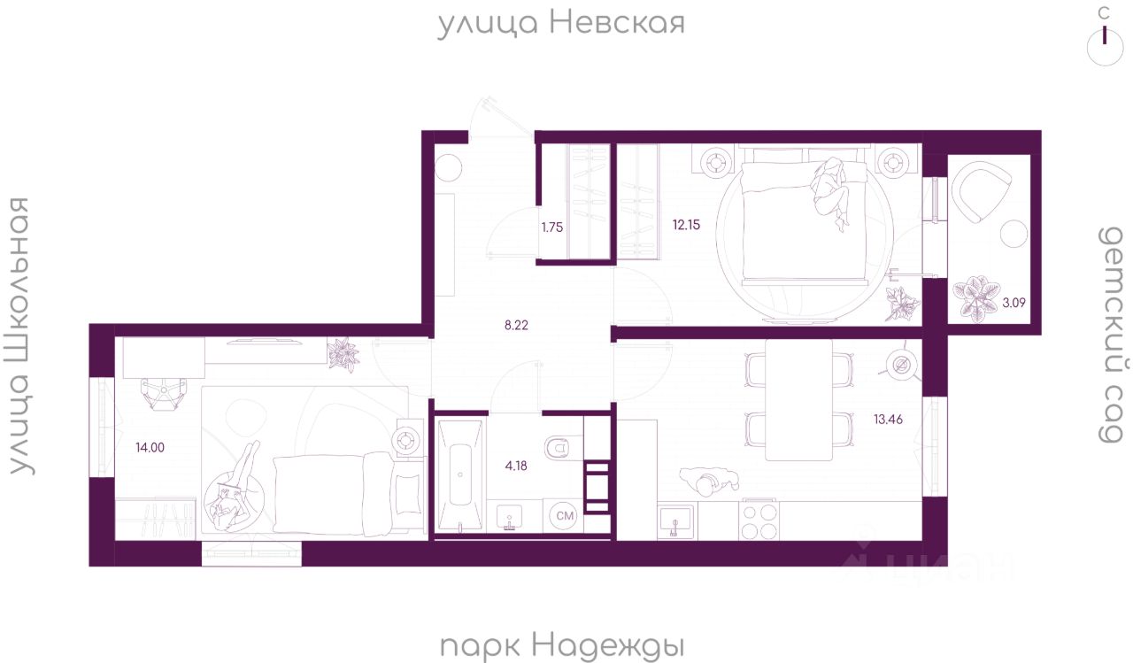 2-комн.кв., 54,7 м², 2/5 этаж