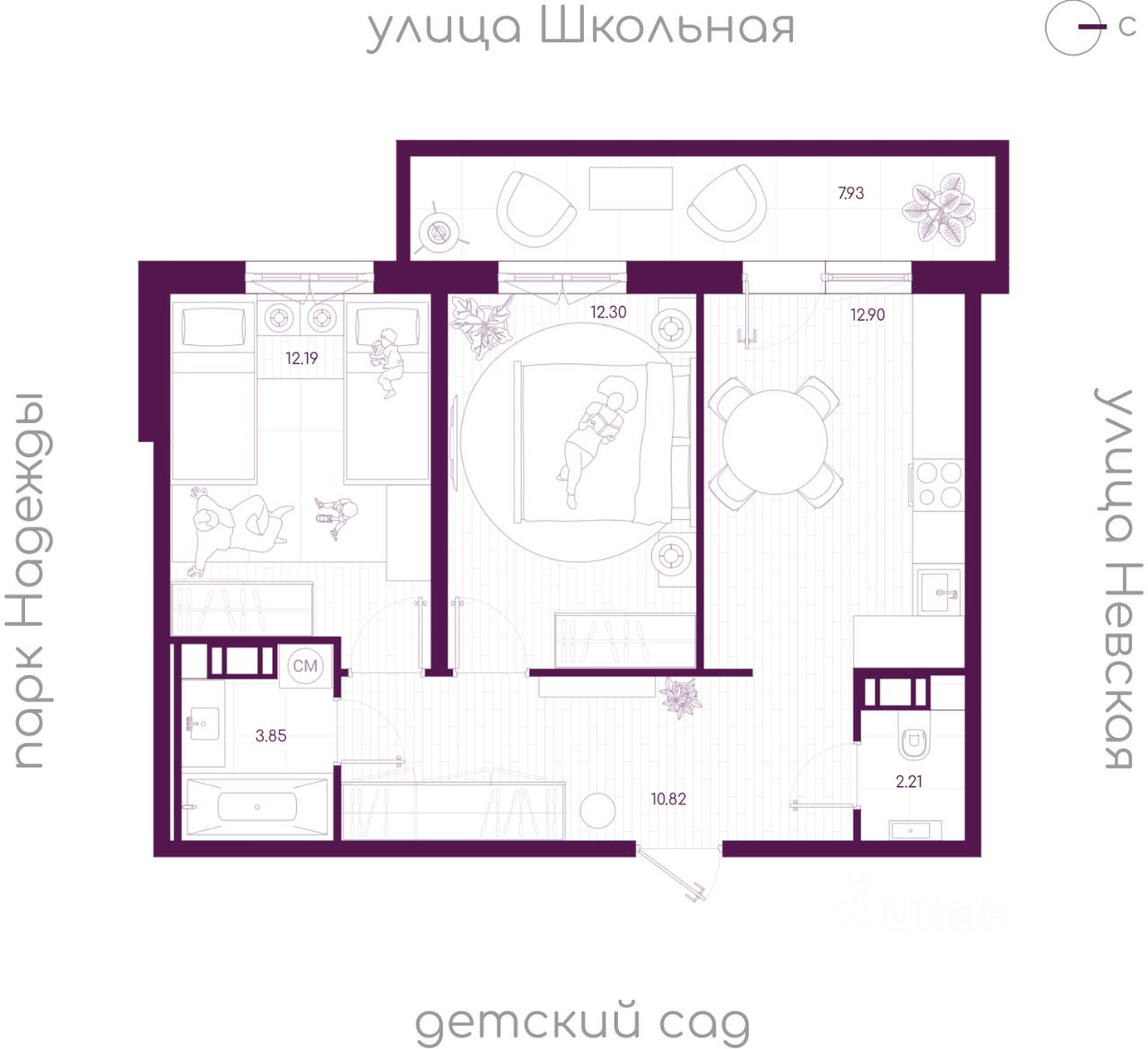 2-комн.кв., 56,6 м², 2/5 этаж