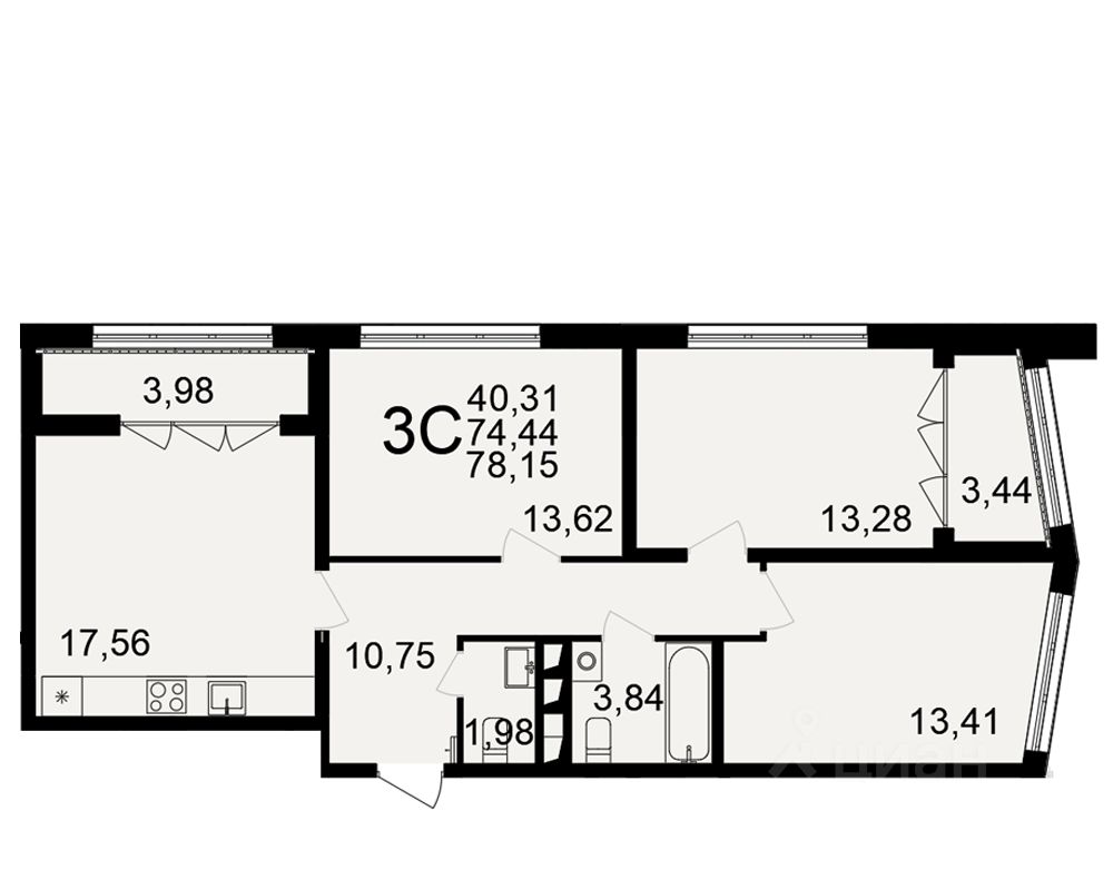 3-комн.кв., 74,4 м², 18/18 этаж