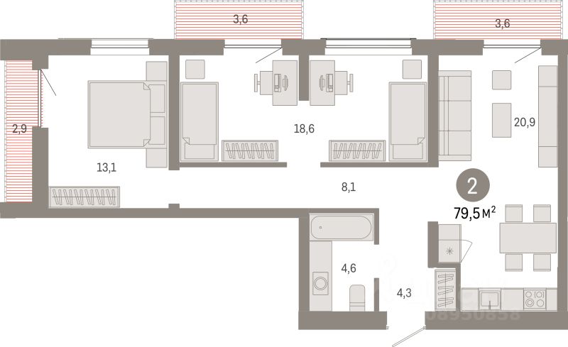 2-комн.кв., 79,5 м², 5/8 этаж
