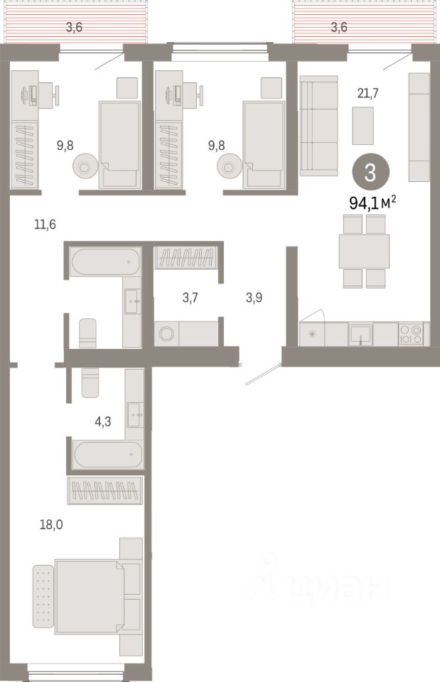3-комн.кв., 94,1 м², 3/8 этаж