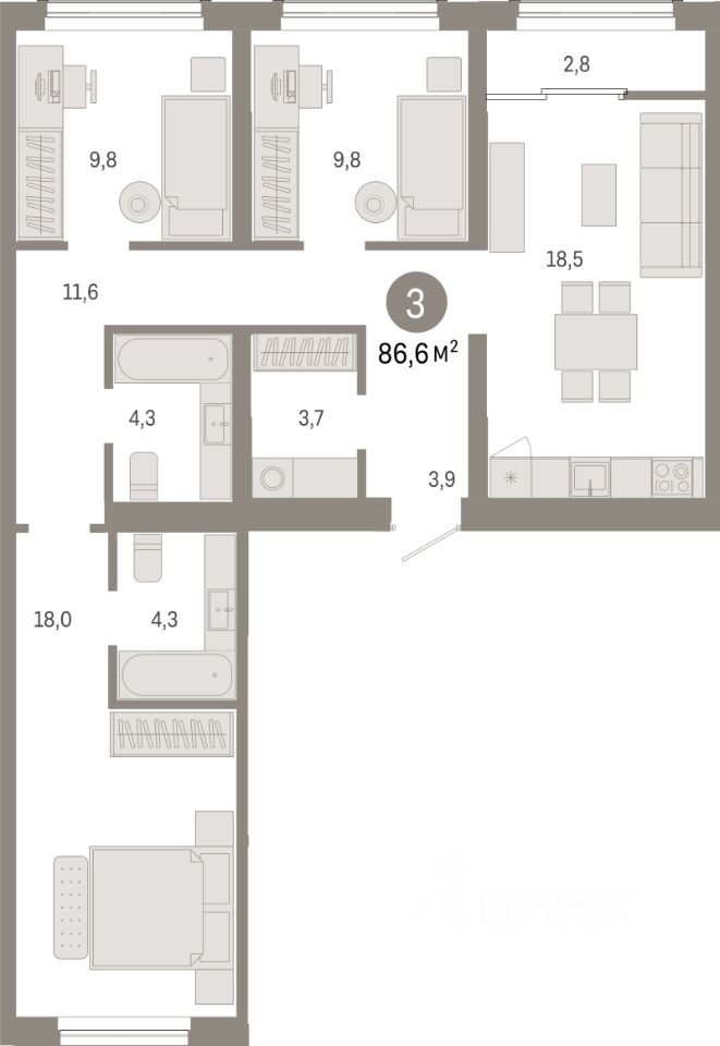 3-комн.кв., 86,6 м², 7/8 этаж