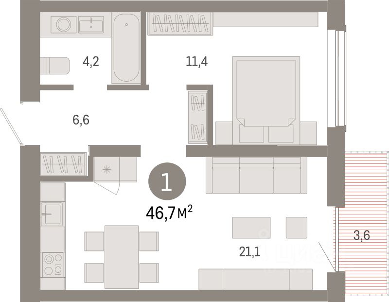 1-комн.кв., 46,7 м², 5/8 этаж