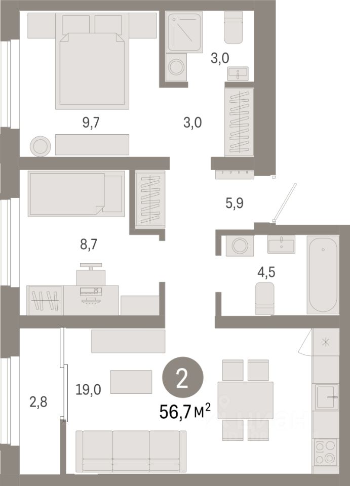 2-комн.кв., 56,7 м², 8/8 этаж