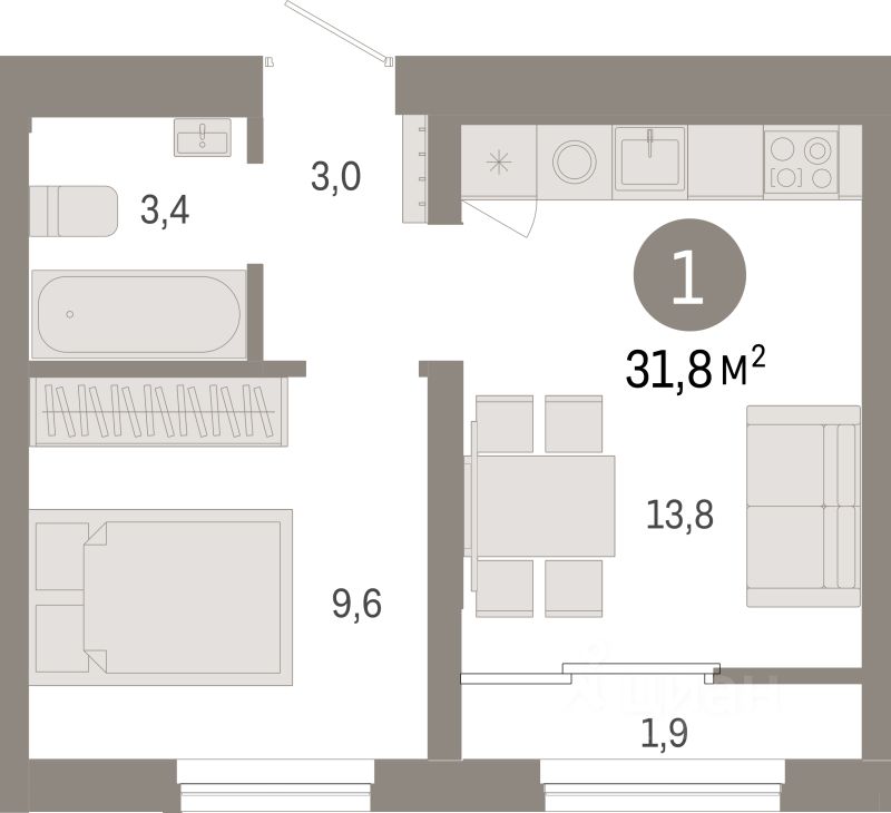 1-комн.кв., 31,8 м², 8/8 этаж